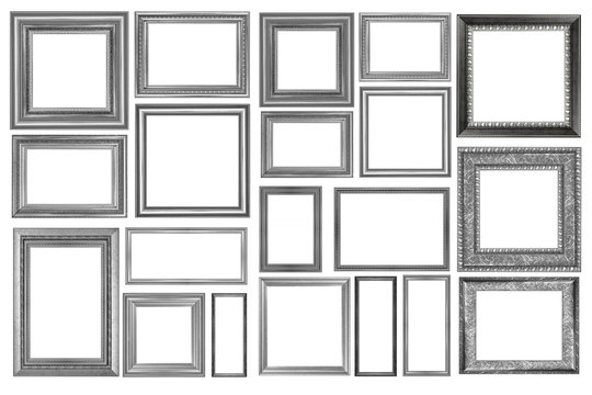 collection of silver vintage picture and photo frame isolated on white background