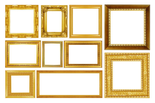 collection of vintage gold picture frame isolated on white