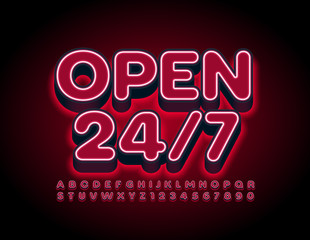 Vector modern sign Open 24/7 with red glowing Font. Electric Alphabet Letters and Numbers