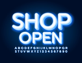 Vector Neon Sign Shop Open. Electric Alphabet Letters and Numbers. Blue glowing Font. 