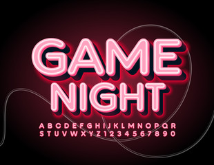 Vector glowing Neon Logo Game Night. Bright modern Font. Light Alphabet Letters and Numbers.