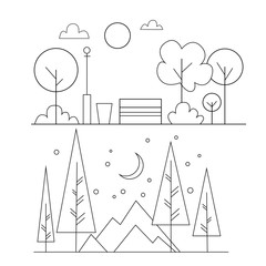 day line art park scean bench trees trash can sunny day bushes lamp clouds snowing night half moon mountains tall trees  