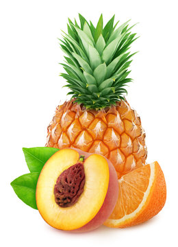 Colourful composition with sweet fruit mix - pineapple, orange and peach isolated on a white background with clipping path.