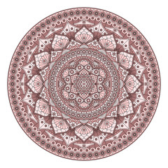 Round dusty rose mandala with floral pattern isolated on white background. Vector print.