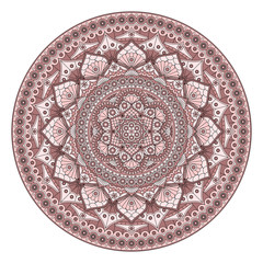 Round dusty rose mandala with floral pattern isolated on white background. Vector print.