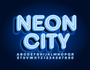Vector sign Neon City with blue glowing Font. Electric Alphabet Letters and Numbers