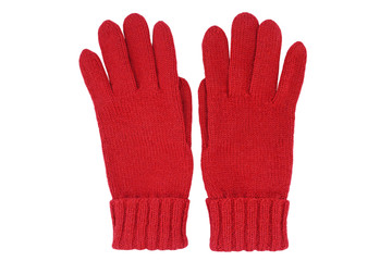 Red knitted gloves isolated on a white background. Handmade woolen accessory