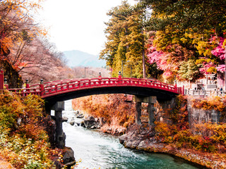 Shinkyo Bridge , red old bridge in Nikko , Japan