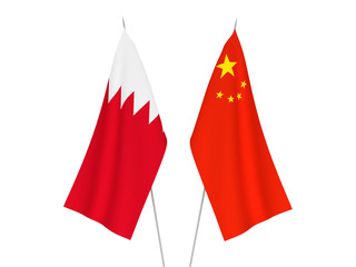 National fabric flags of China and Bahrain isolated on white background. 3d rendering illustration.