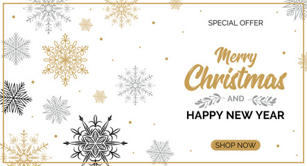 Horizontal Christmas and New Year sale banner with beautiful golden and white snowflakes on black background. Christmas design for banners, posters, massages, postcards, announcements. Space for text