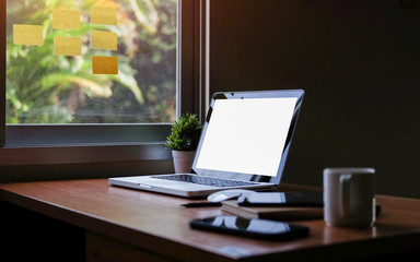 Fototapeta premium Mock up Copy Space Blank Screen Concept Business Working on Laptop. 