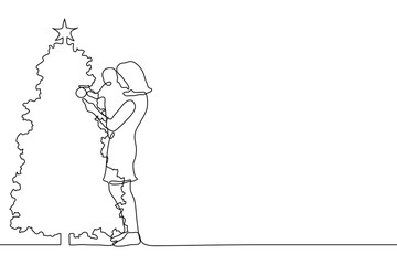 continuous one line art mom with a small child in her arms decorates the Christmas tree. A slender woman with a baby points to a toy on the Christmas tree. It can be used for animation. Vector