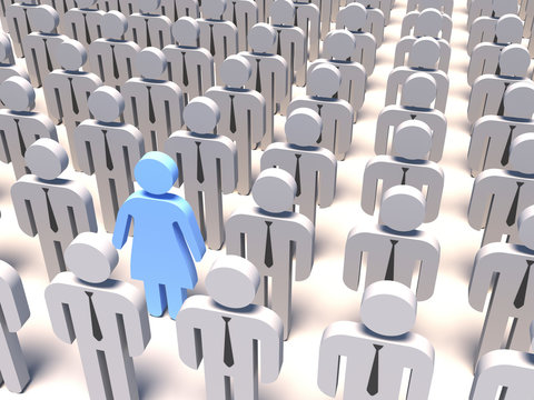 3d People- A woman with blue dress among men- 3d rendering
