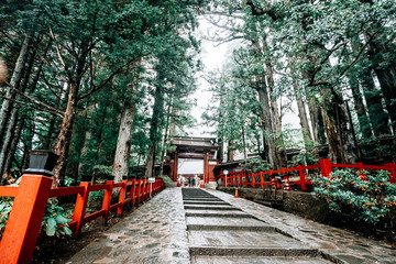 Futarasan shrine entrance at Nikko world heritage site in Japan autumn rain
