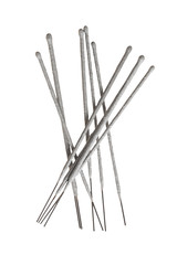 Scattered many gray sparklers, bengal lights on aluminum stick isolated on white background without shadow. Top view. Vertical orientation