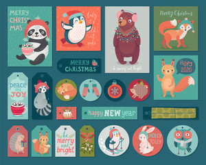 Christmas cards and gift tags set with animals. Woodland characters hand drawn style.