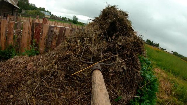 Farmer with a pitchfork puts the hay with manure.Animal care.Household subsistence farming.Sharp instrument.
