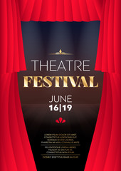 Vertical theatre festival background with red curtains, graphic elements and text. 