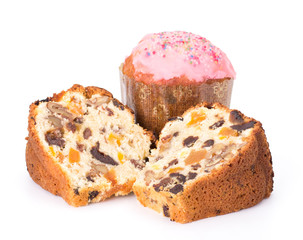 Fresh sliced fruit cake isolated on white background