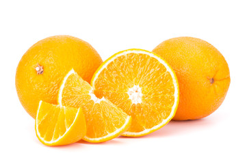 Orange fruit sliced juicy isolated on white background, closeup