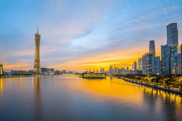 Night scenery of the city on the banks of the Pearl River in Guangzhou, China