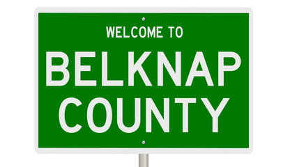 Rendering of a green 3d highway sign for Belknap County