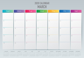 March 2020 desk calendar vector illustration