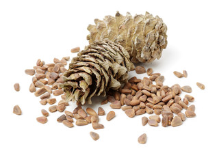 Pine nuts on white background