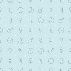 Astrological seamless pattern with planets symbols isolated on blue