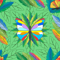 Seamless pattern. Multicolored butterflies in foliage