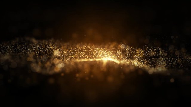 Abstract premium gold wave animated motion graphic on black background, seamless loop. Animation. Gold particles move on middle backdrop.