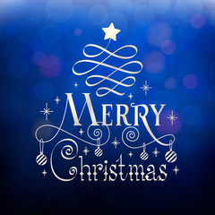 Merry Christmas lettering typography poster. Festive illustration with hand drawn calligraphy, bokeh, decorations for winter holidays invitation, advertising, greeting card, gift, banner, badge