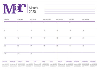 March 2020 desk calendar vector illustration