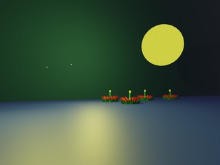  multi colors krathong on river with moonlight in night time . full moon in night time in loy krathong festival day Thailand culture empty space for place your brand . 3D render