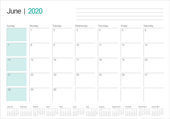 June 2020 desk calendar vector illustration