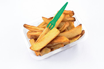 Tray of french fries on a white background