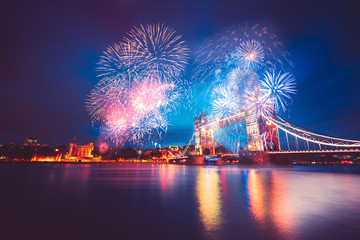 Tower bridge with firework, celebration of the New Year in London, UK