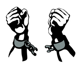 Hands tearing shackles. Vector drawing - obrazy, fototapety, plakaty