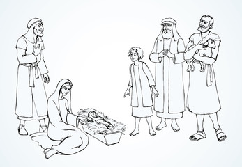 The shepherds came to bow to the newborn baby Jesus. Vector drawing