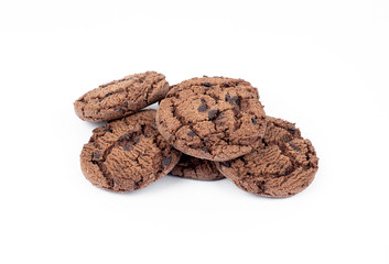 Chocolate chips cookies on white background.