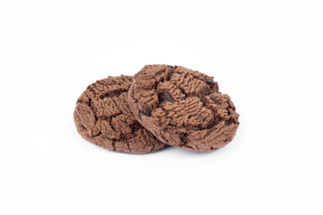 Chocolate chips cookies on white background.