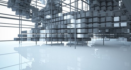 Abstract architectural white  interior  from an array of concrete cubes with large windows. 3D illustration and rendering.