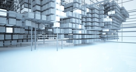 Abstract architectural white  interior  from an array of concrete cubes with large windows. 3D illustration and rendering.