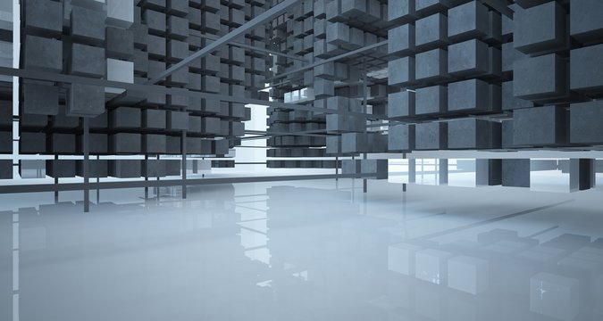 Abstract architectural white  interior  from an array of concrete cubes with large windows. 3D illustration and rendering.