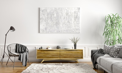 Interior design of modern scandinavian apartment, living room 3d rendering