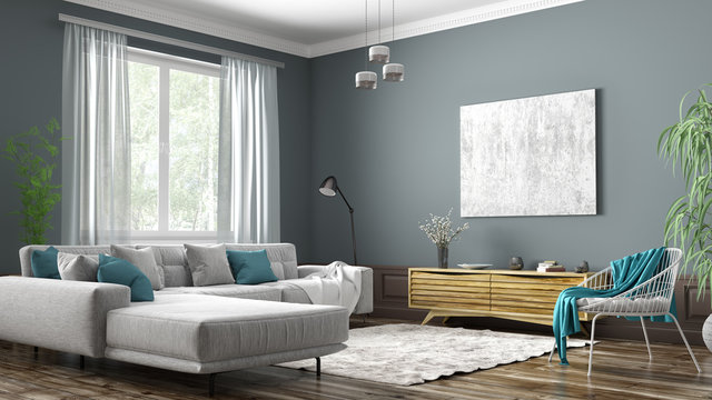 Fototapeta Interior design of modern scandinavian apartment, living room 3d rendering