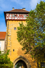 Germany, Historical ancient city gate of reutlingen town called gartentor, garden gate, in beautiful studwork house style