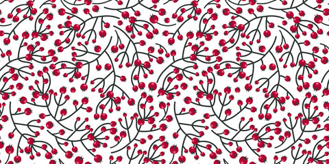 Hand drawn floral seamless winter pattern with tree branches and Red berries on a white background. Vector illustration. Christmas, new year print, template for fashion fabrics, wrapping paper, decor.