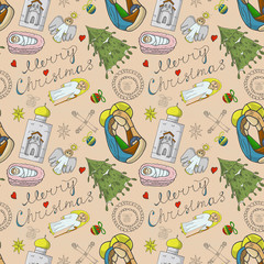 Orthodox Christmas color and contour illustration seamless pattern baby Doodle layout for design infant fir Magi temple angel toys balls background isolated