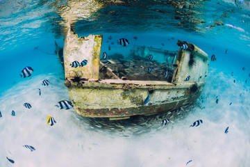Fototapeta na wymiar Ocean scene with wreck of boat at sandy bottom and school of fish, underwater in Mauritius